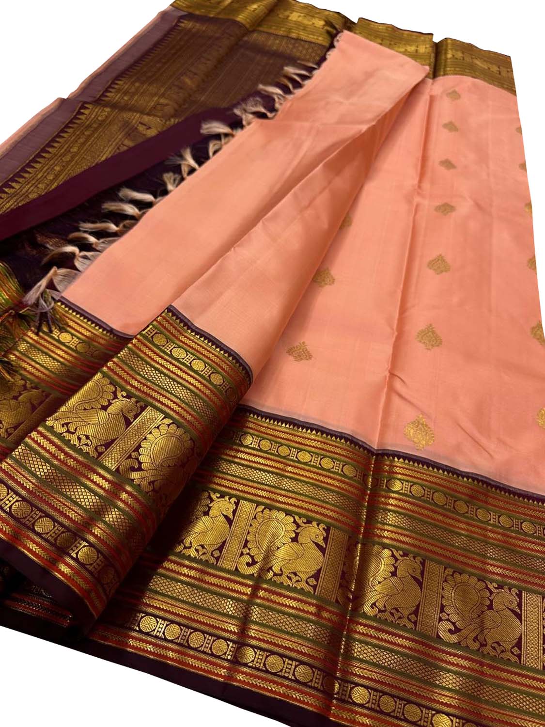 Peach Handloom Kanjeevaram Silk Saree - Luxurion World