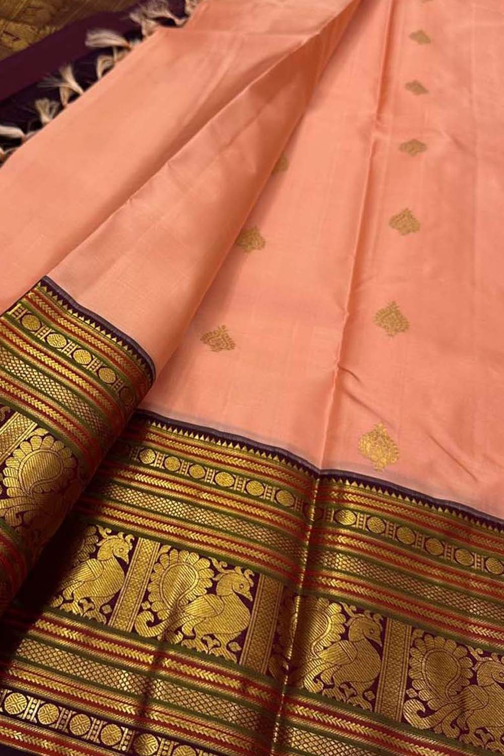 Peach Handloom Kanjeevaram Silk Saree - Luxurion World