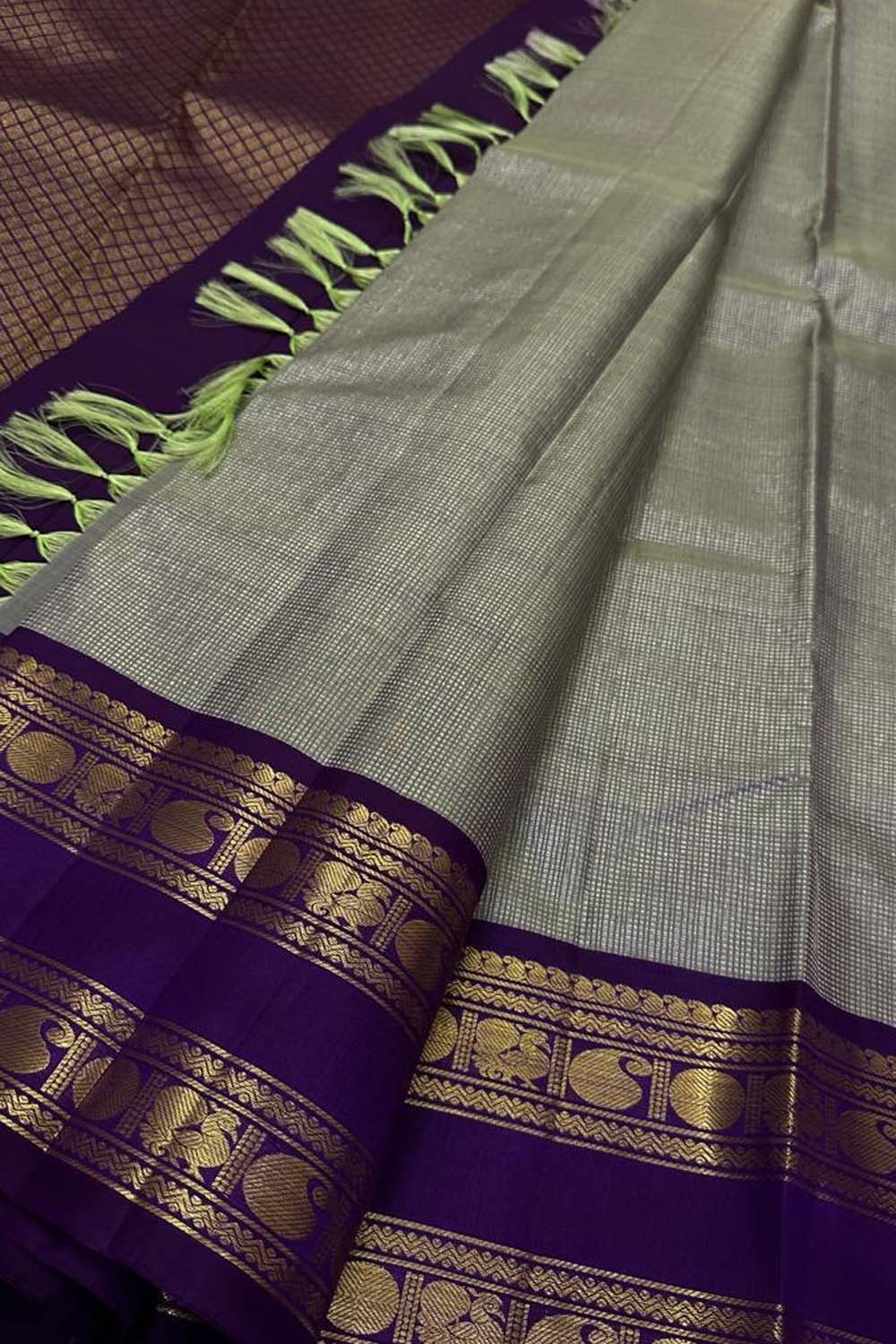 Elegant Grey & Purple Handloom Kanjeevaram Pure Silk Saree - Luxurion World