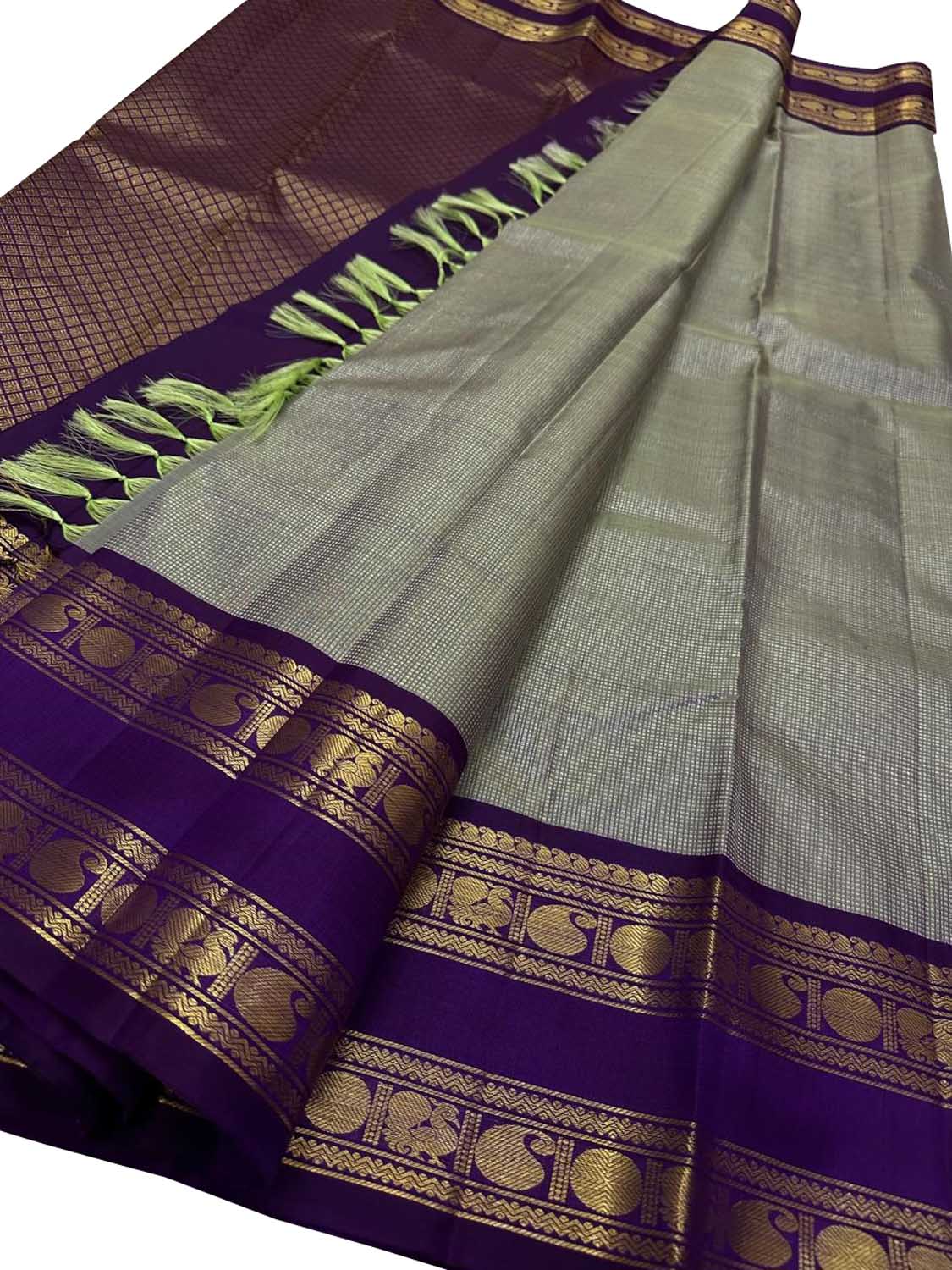 Elegant Grey & Purple Handloom Kanjeevaram Pure Silk Saree - Luxurion World