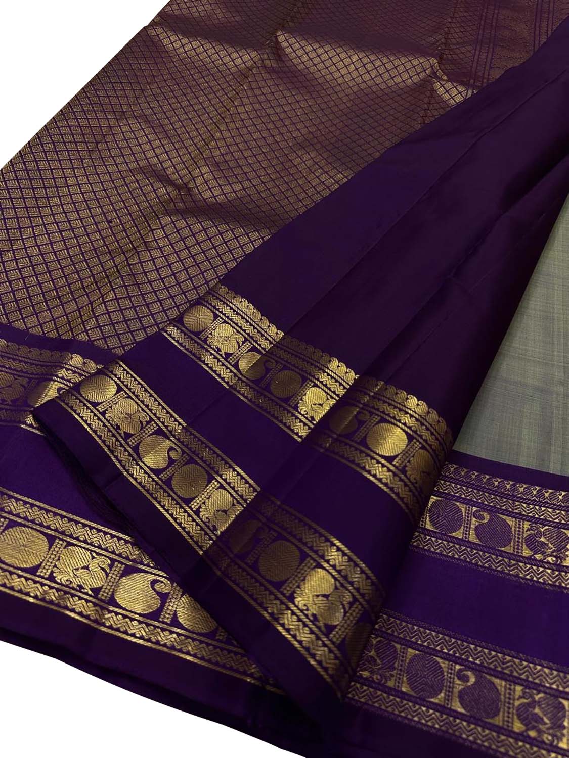 Elegant Grey & Purple Handloom Kanjeevaram Pure Silk Saree - Luxurion World