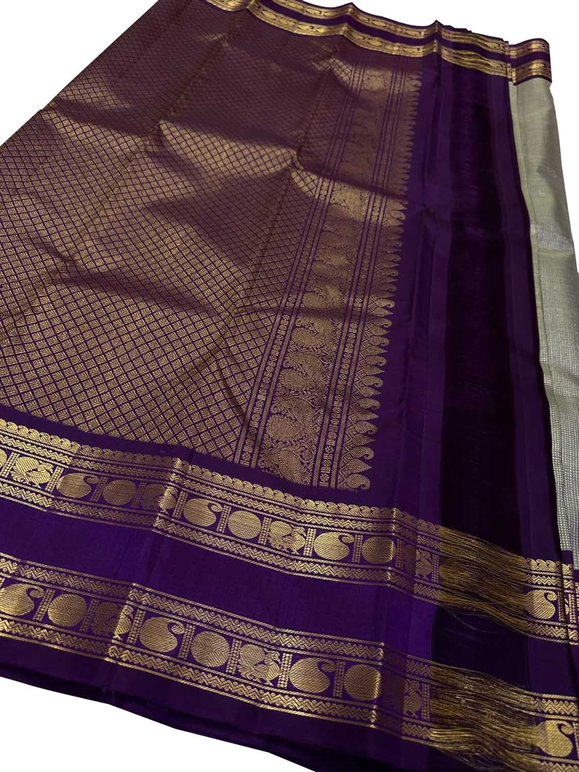 Elegant Grey & Purple Handloom Kanjeevaram Pure Silk Saree - Luxurion World