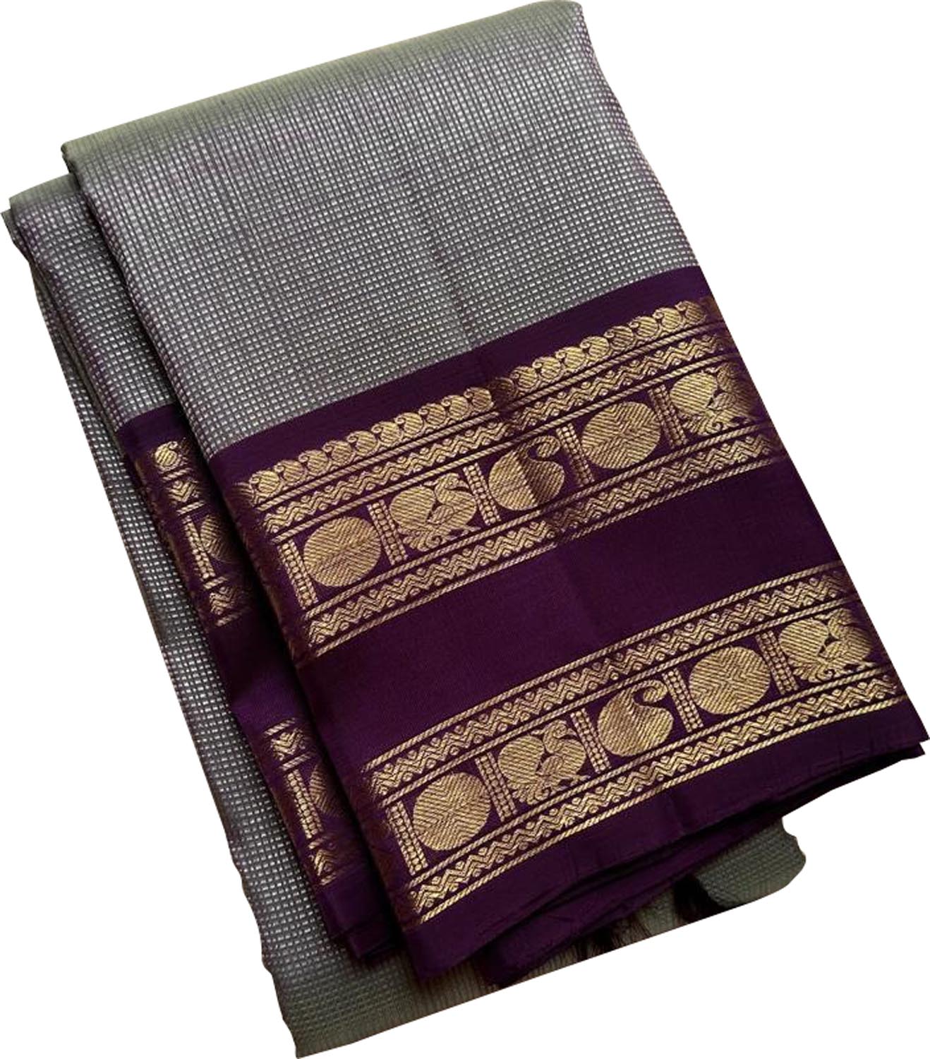 Elegant Grey & Purple Handloom Kanjeevaram Pure Silk Saree - Luxurion World