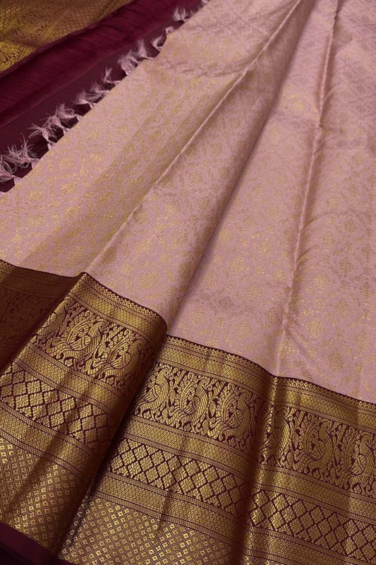 Stunning Pink & Maroon Handloom Kanjeevaram Pure Silk Saree - Luxurion World