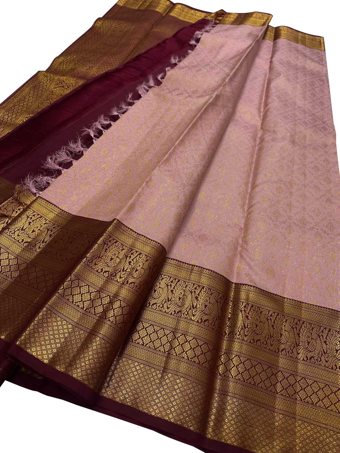Stunning Pink & Maroon Handloom Kanjeevaram Pure Silk Saree - Luxurion World