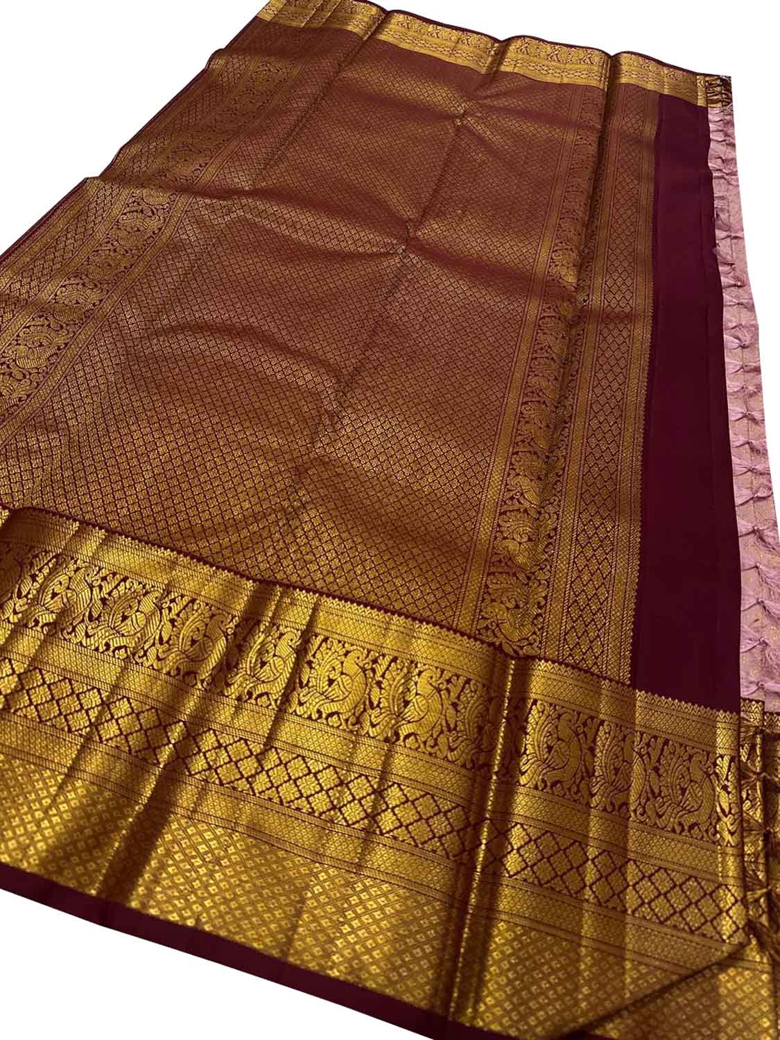 Stunning Pink & Maroon Handloom Kanjeevaram Pure Silk Saree - Luxurion World