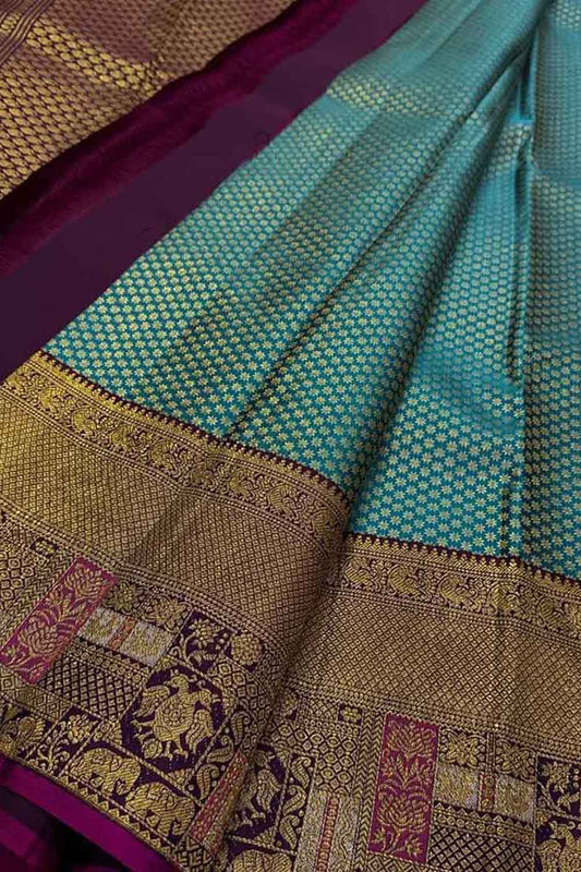 Blue Handloom Kanjeevaram Pure Silk Saree - Luxurion World
