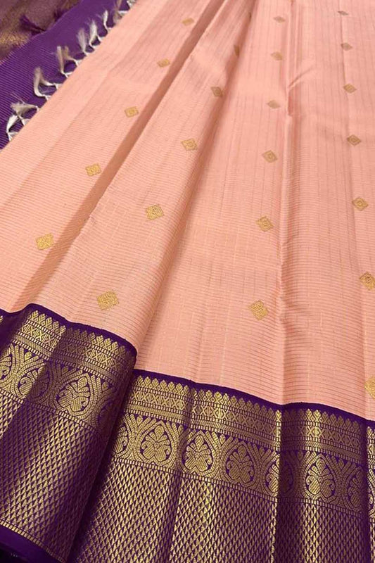 Stunning Pink And Purple Handloom Kanjeevaram Pure Silk Saree - Luxurion World