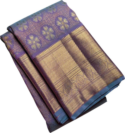 Exquisite Purple Handloom Kanjeevaram Silk Flower Design Saree - Luxurion World