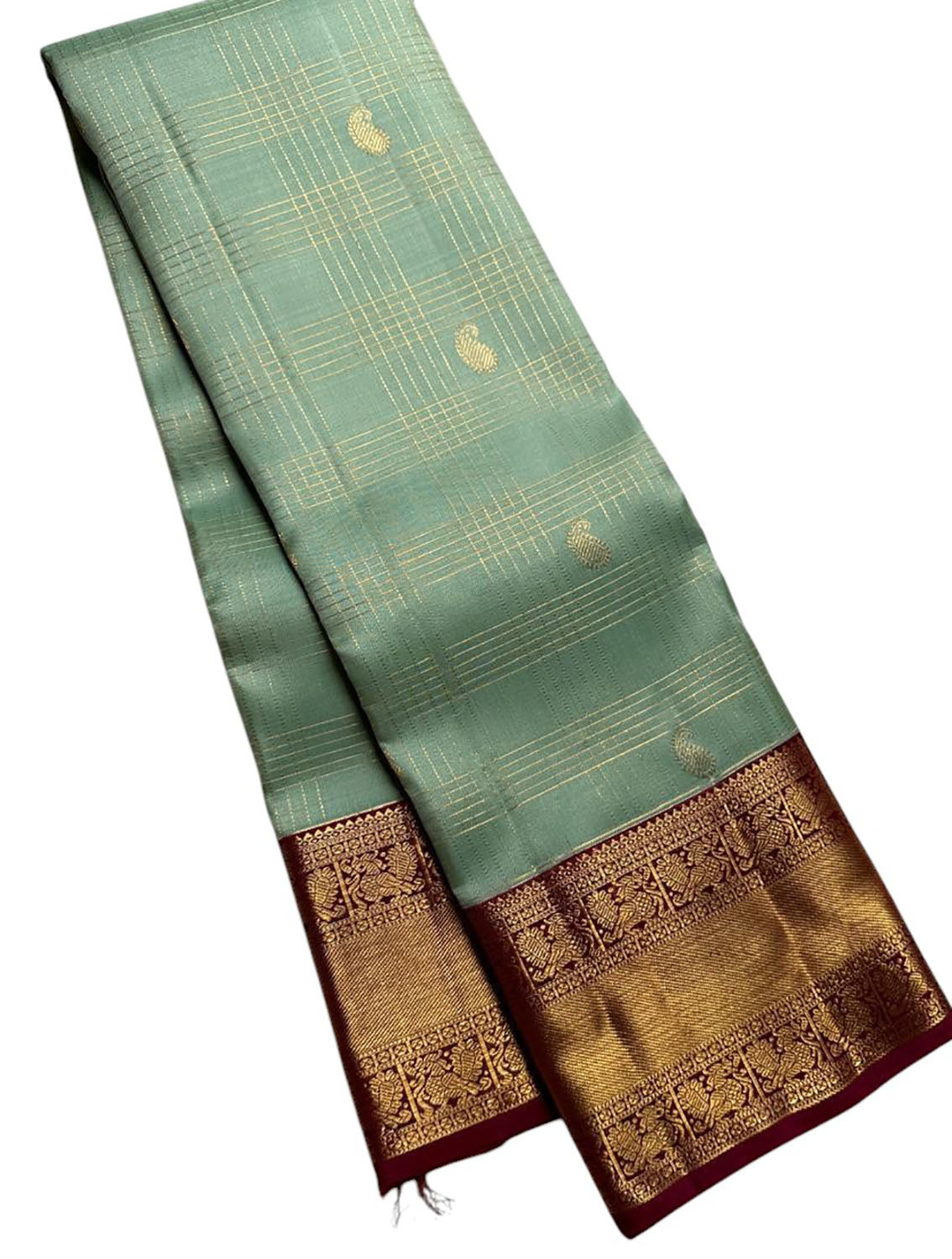 Green Handloom Kanjeevaram Pure Silk Paisley Design Saree - Luxurion World