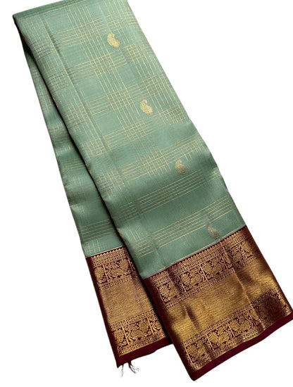 Green Handloom Kanjeevaram Pure Silk Paisley Design Saree - Luxurion World