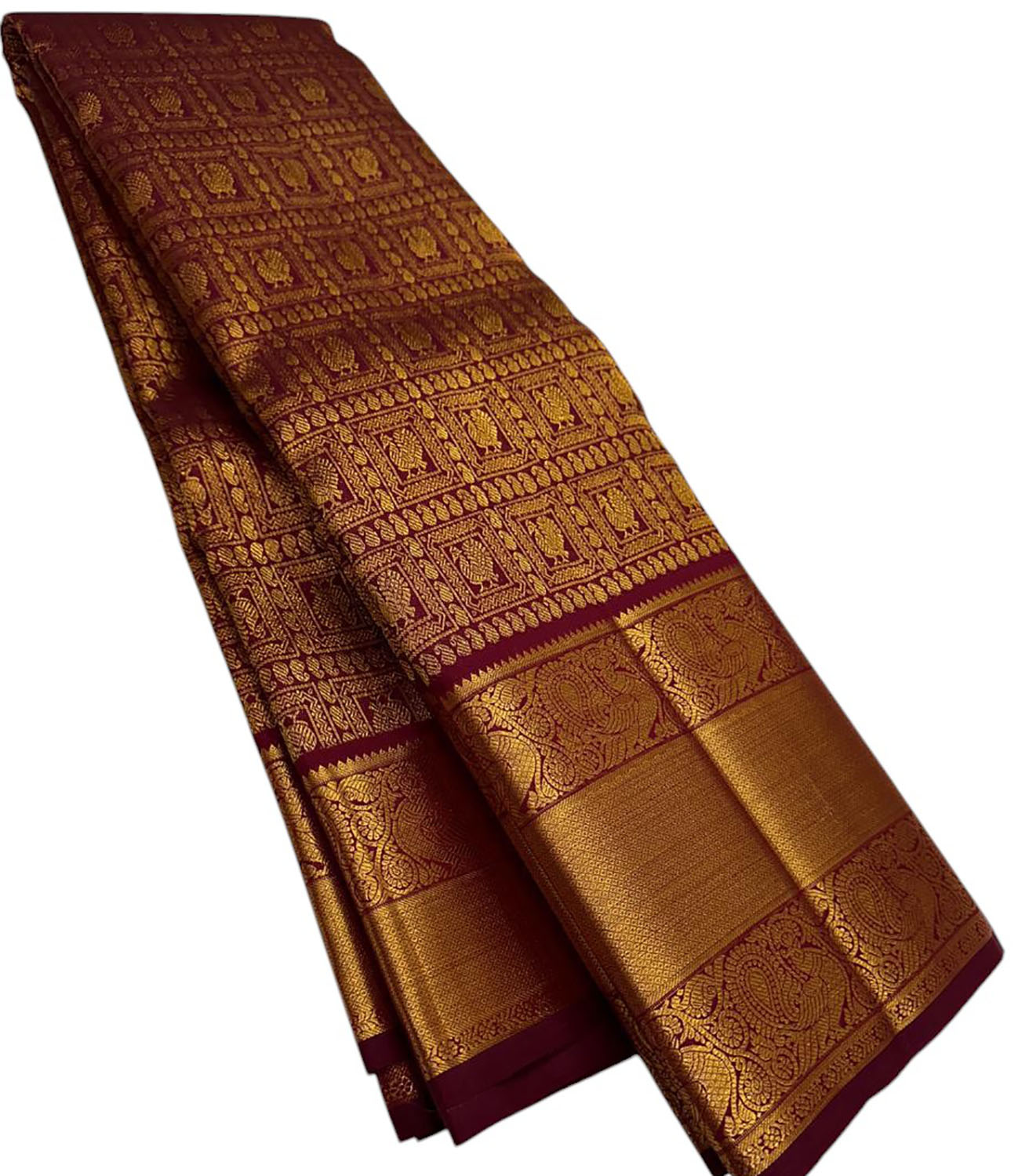 Maroon Handloom Kanjeevaram Pure Silk Peacock Design Saree - Luxurion World