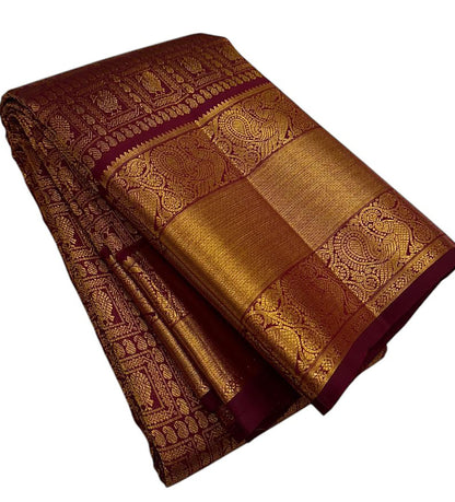 Maroon Handloom Kanjeevaram Pure Silk Peacock Design Saree - Luxurion World