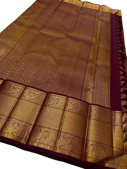 Maroon Handloom Kanjeevaram Pure Silk Peacock Design Saree - Luxurion World