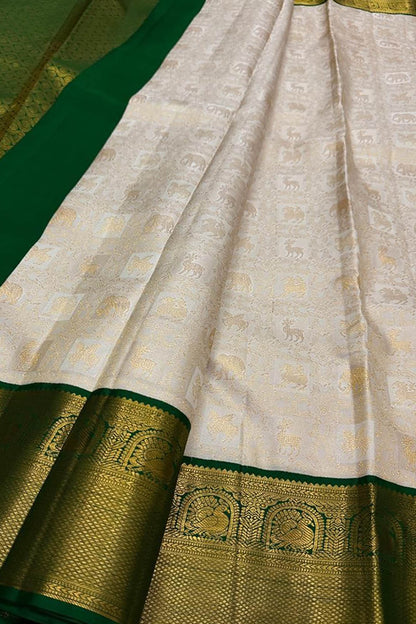 Elegant Off White And Green Handloom Kanjeevaram Pure Silk Saree - Luxurion World