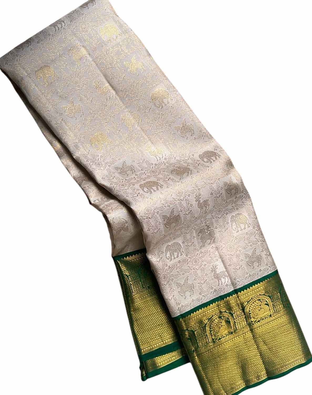 Elegant Off White And Green Handloom Kanjeevaram Pure Silk Saree - Luxurion World