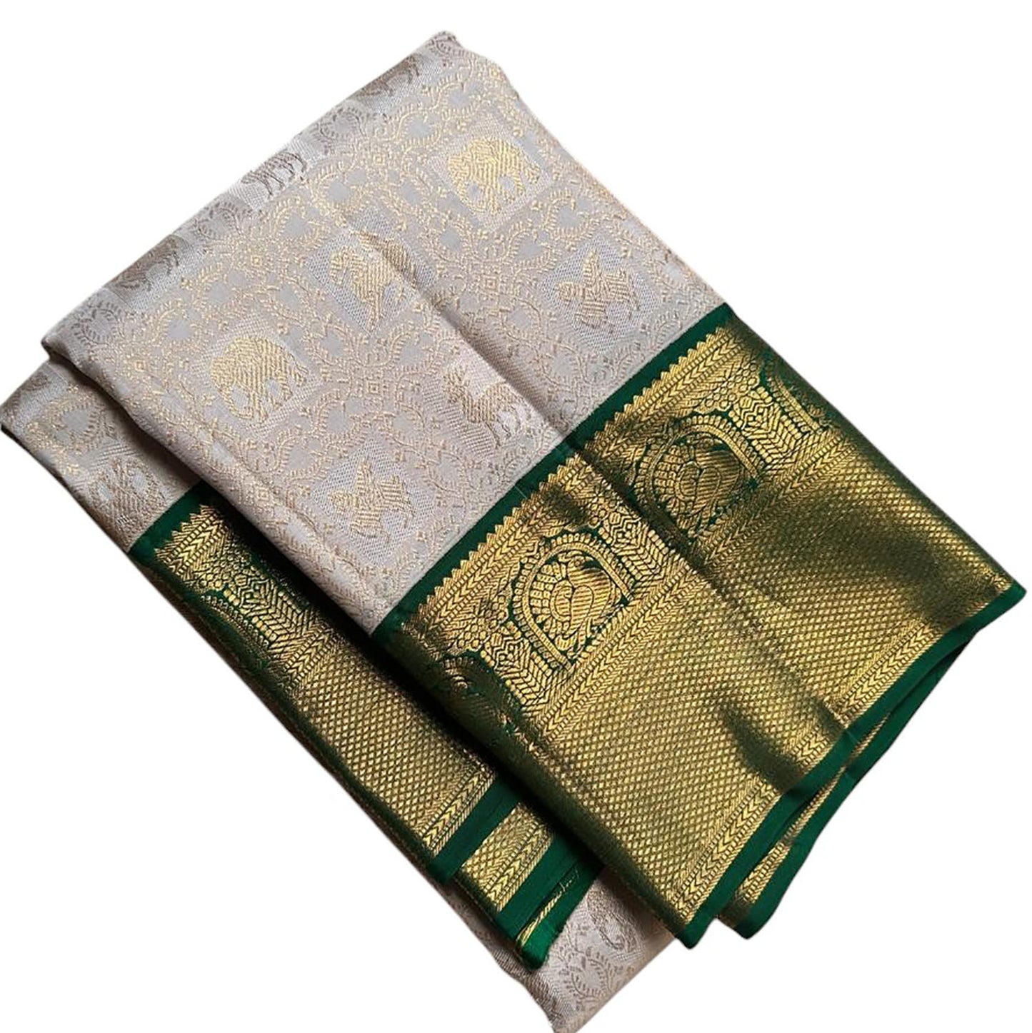 Elegant Off White And Green Handloom Kanjeevaram Pure Silk Saree - Luxurion World