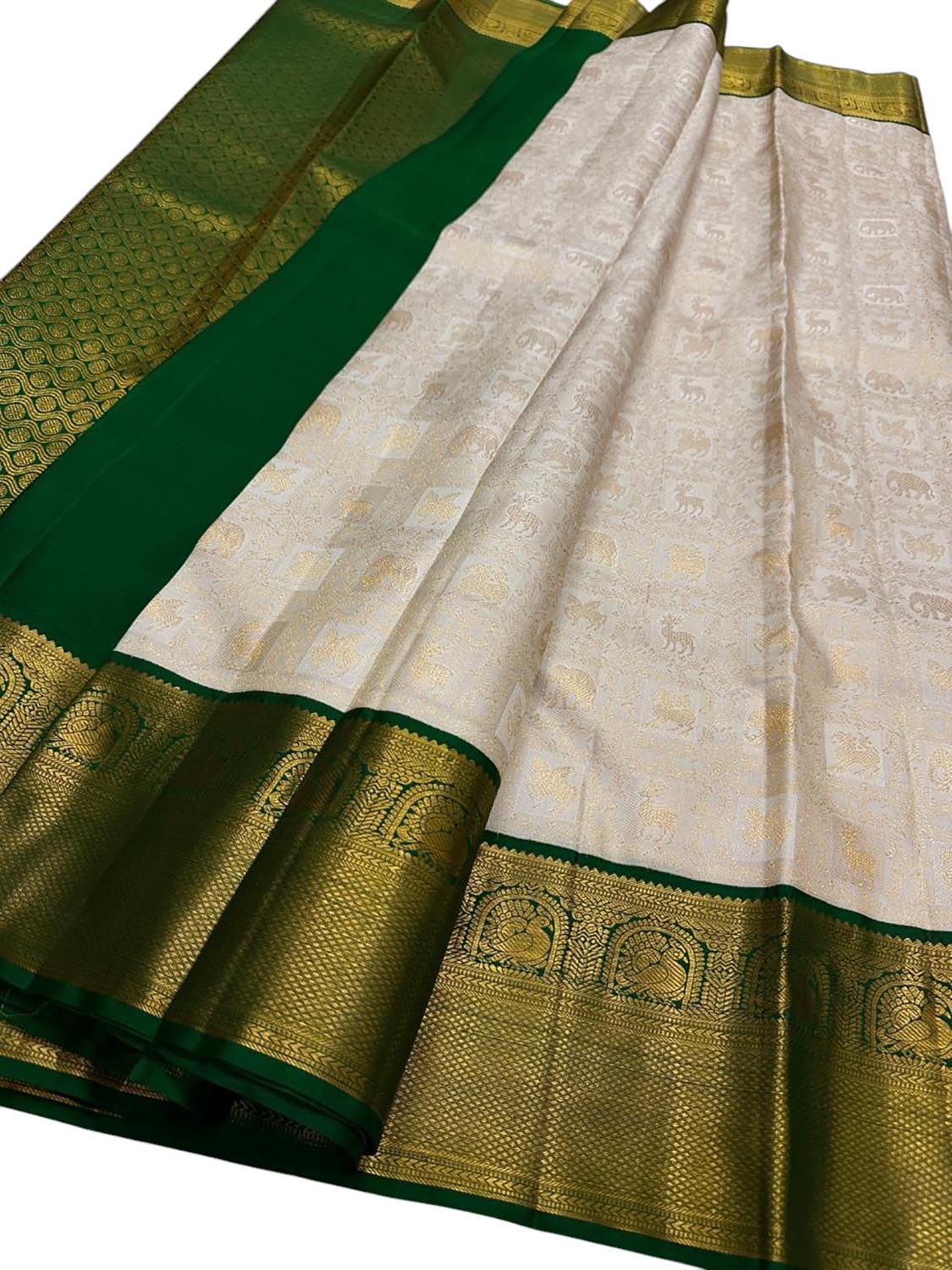 Elegant Off White And Green Handloom Kanjeevaram Pure Silk Saree - Luxurion World