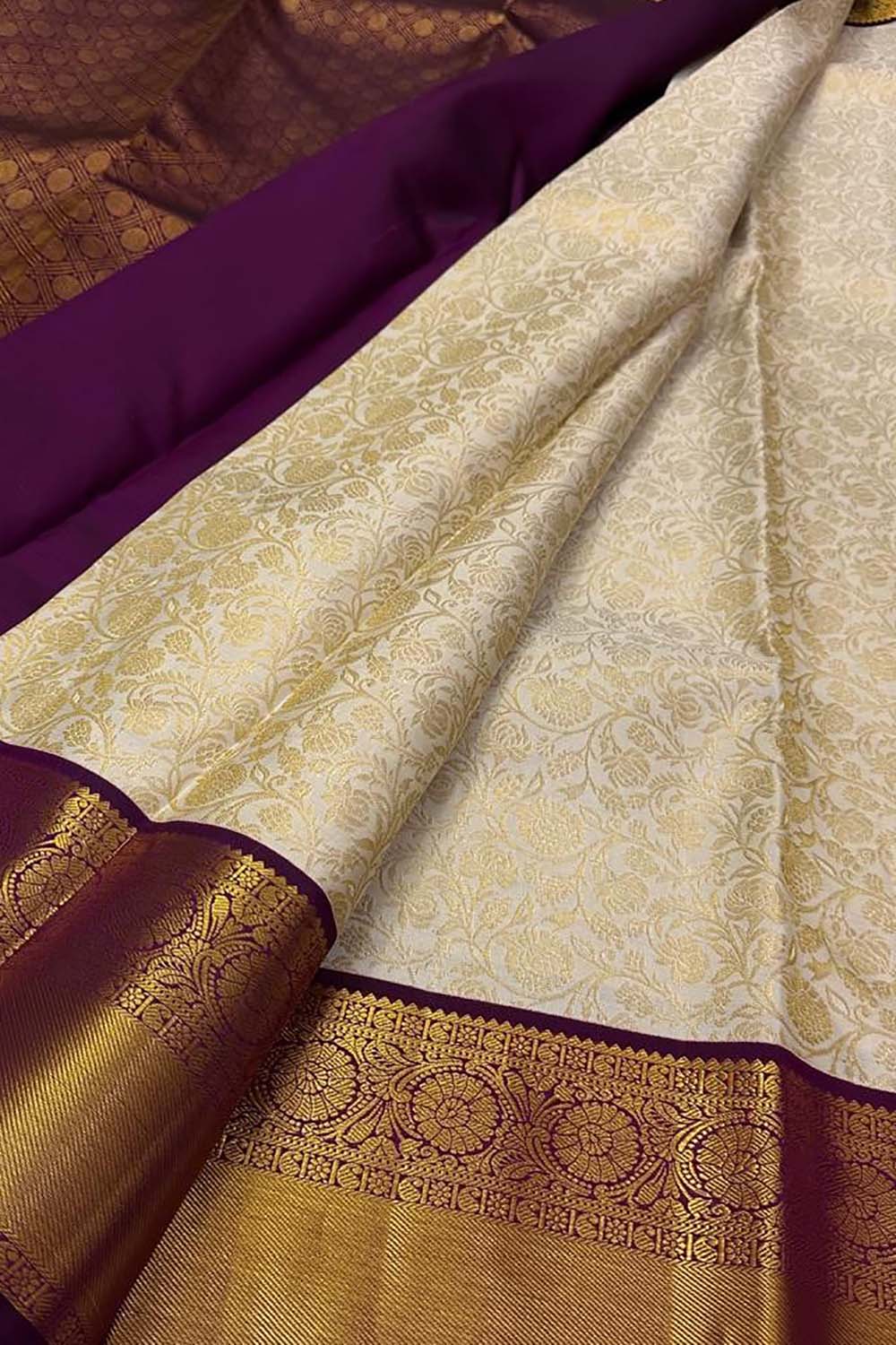 Pastel And Purple Handloom Kanjeevaram Pure Silk Flower Design Saree - Luxurion World