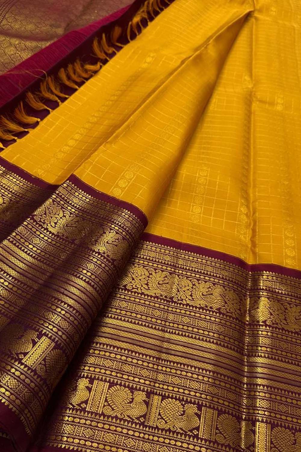 Yellow & Maroon Handloom Kanjeevaram Silk Checks Saree - Luxurion World