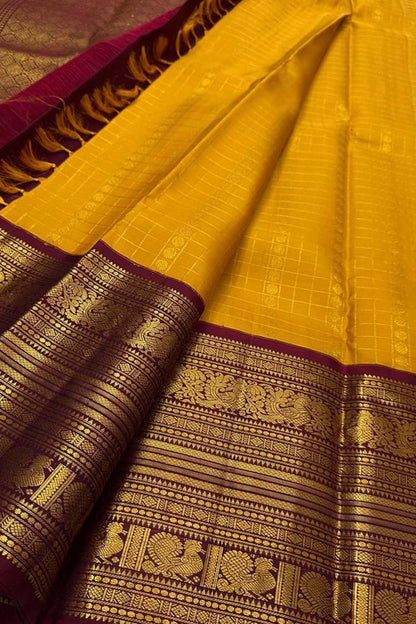 Yellow & Maroon Handloom Kanjeevaram Silk Checks Saree - Luxurion World
