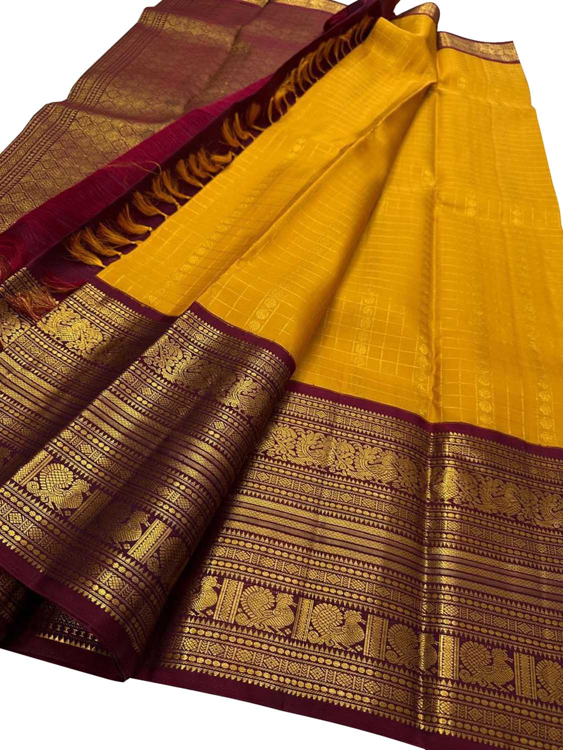 Yellow & Maroon Handloom Kanjeevaram Silk Checks Saree - Luxurion World