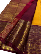 Yellow & Maroon Handloom Kanjeevaram Silk Checks Saree - Luxurion World