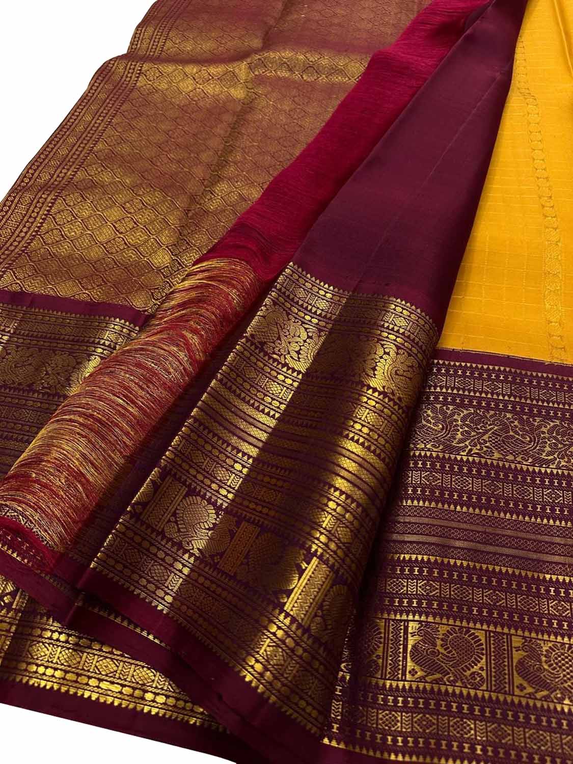 Yellow & Maroon Handloom Kanjeevaram Silk Checks Saree - Luxurion World
