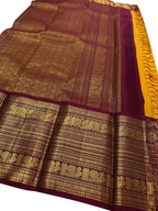 Yellow & Maroon Handloom Kanjeevaram Silk Checks Saree - Luxurion World