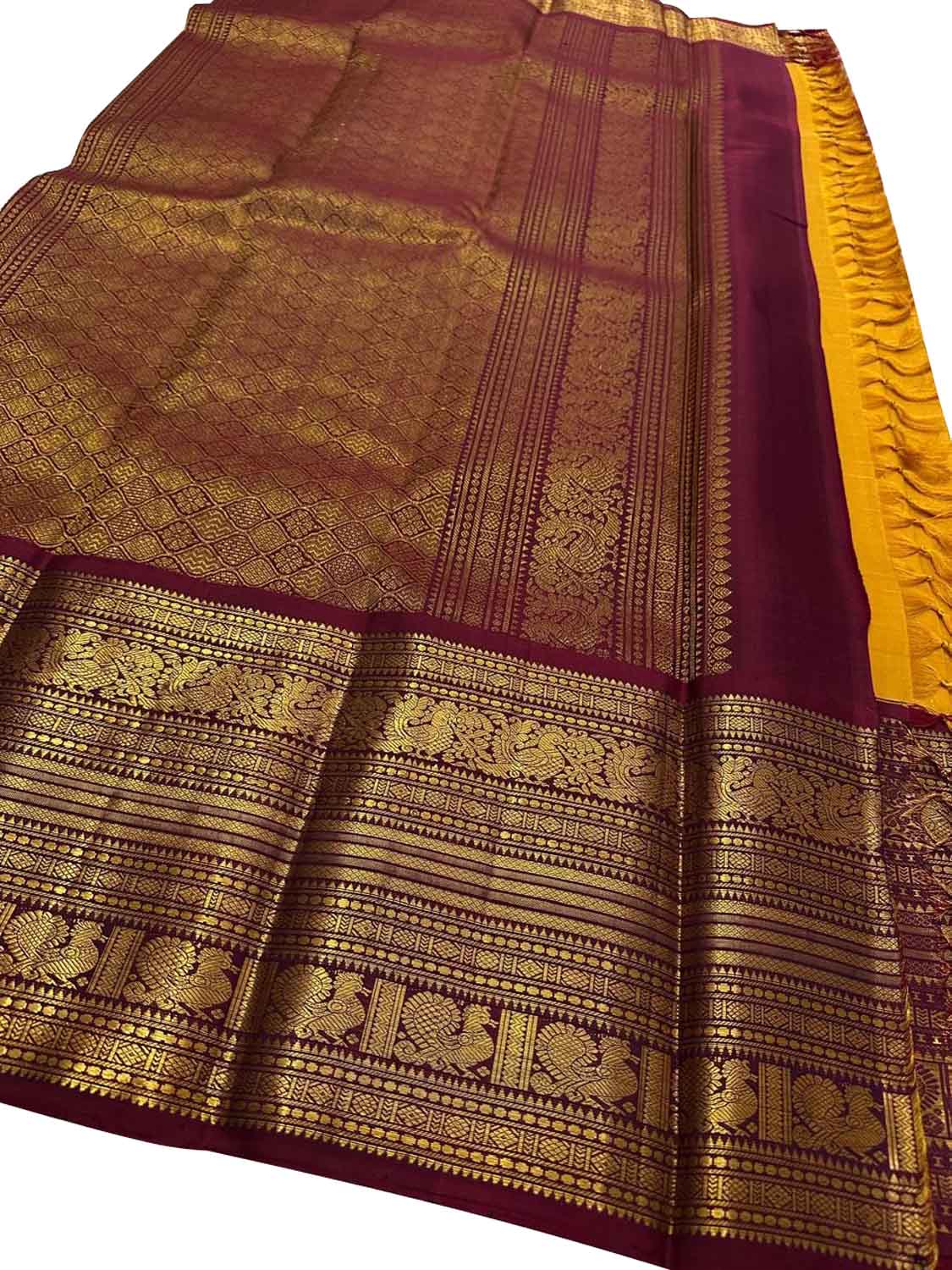 Yellow & Maroon Handloom Kanjeevaram Silk Checks Saree - Luxurion World