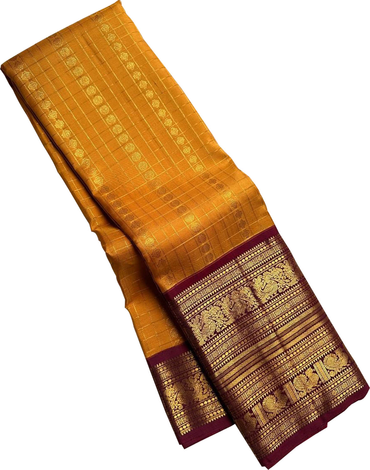 Yellow & Maroon Handloom Kanjeevaram Silk Checks Saree - Luxurion World