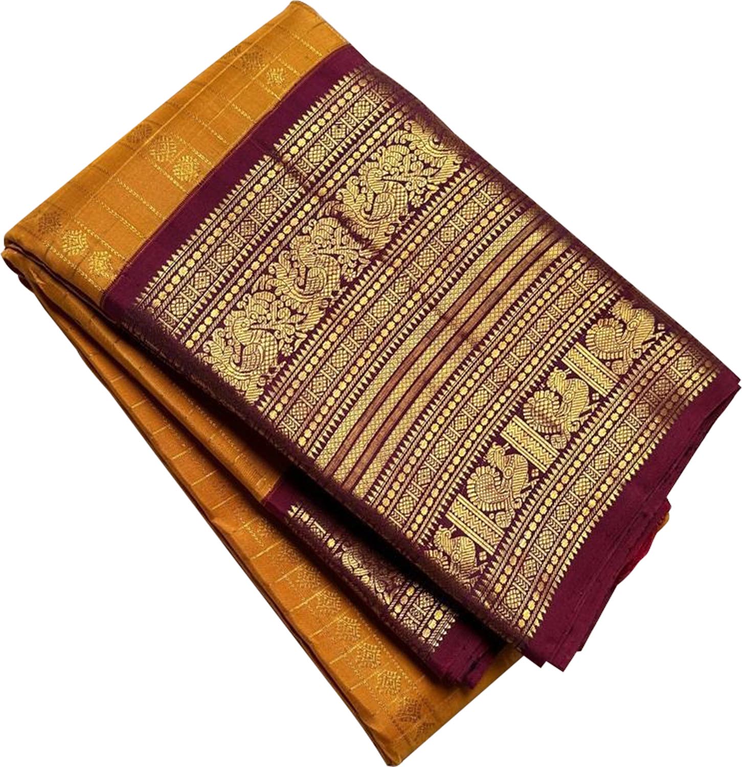 Yellow & Maroon Handloom Kanjeevaram Silk Checks Saree - Luxurion World