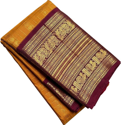 Yellow & Maroon Handloom Kanjeevaram Silk Checks Saree - Luxurion World