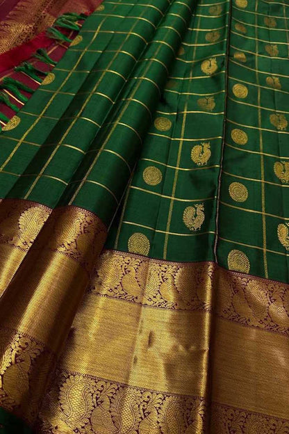 Green Handloom Kanjeevaram Pure Silk Checks Saree - Luxurion World