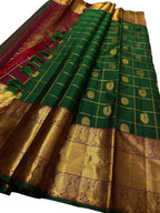 Green Handloom Kanjeevaram Pure Silk Checks Saree - Luxurion World