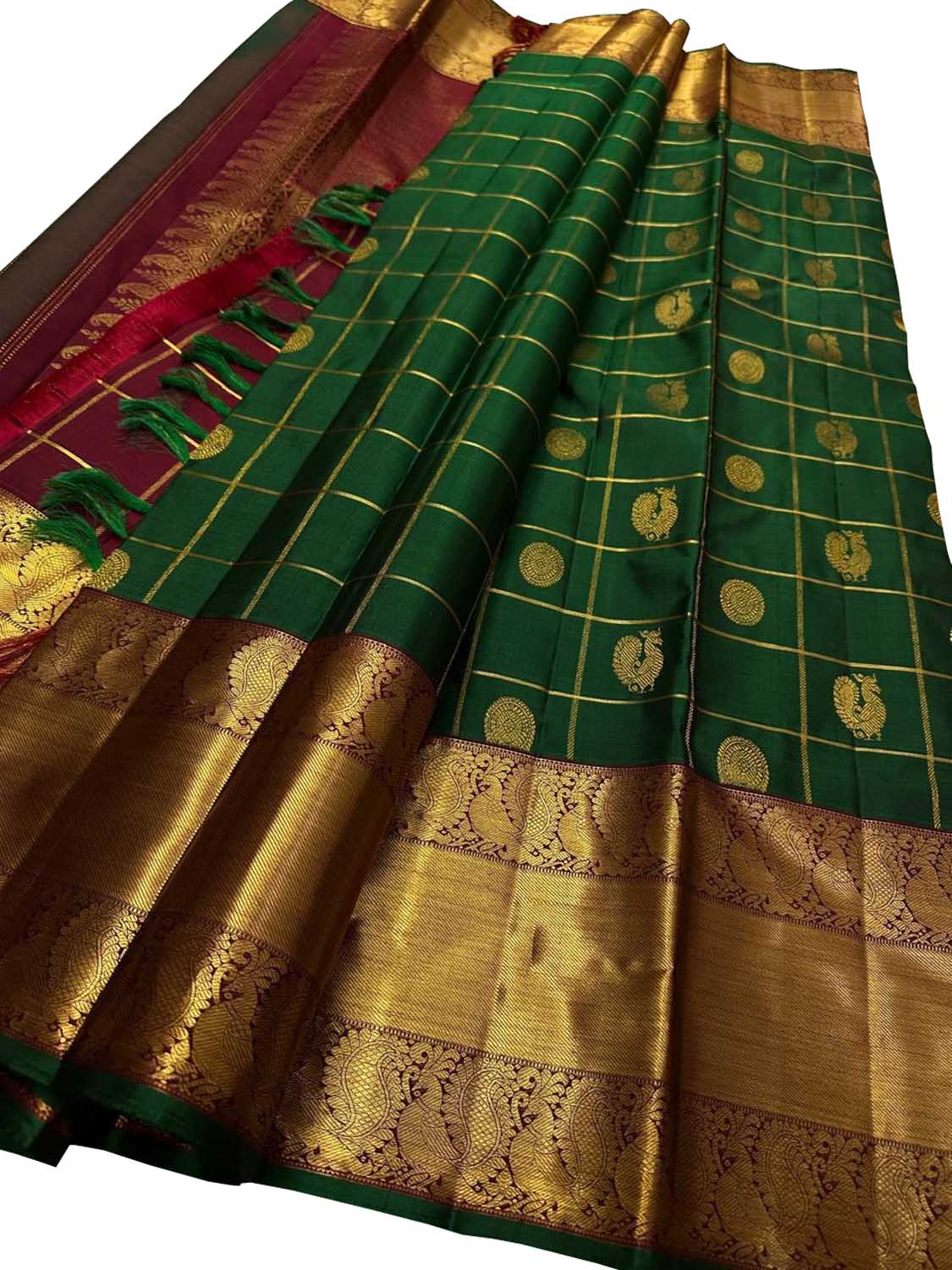 Green Handloom Kanjeevaram Pure Silk Checks Saree - Luxurion World