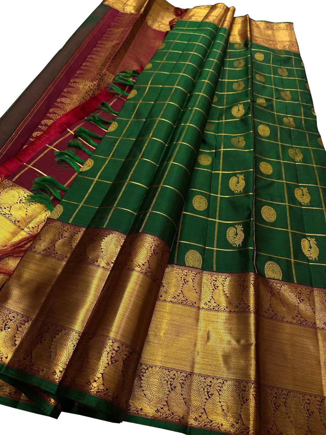 Green Handloom Kanjeevaram Pure Silk Checks Saree - Luxurion World