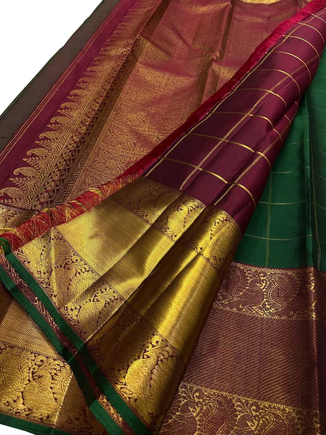 Green Handloom Kanjeevaram Pure Silk Checks Saree - Luxurion World