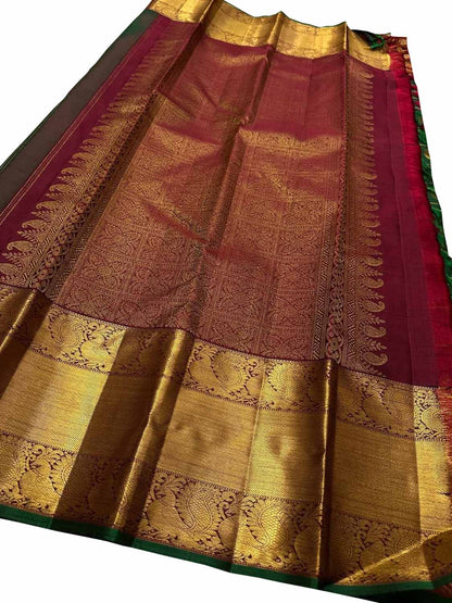 Green Handloom Kanjeevaram Pure Silk Checks Saree - Luxurion World