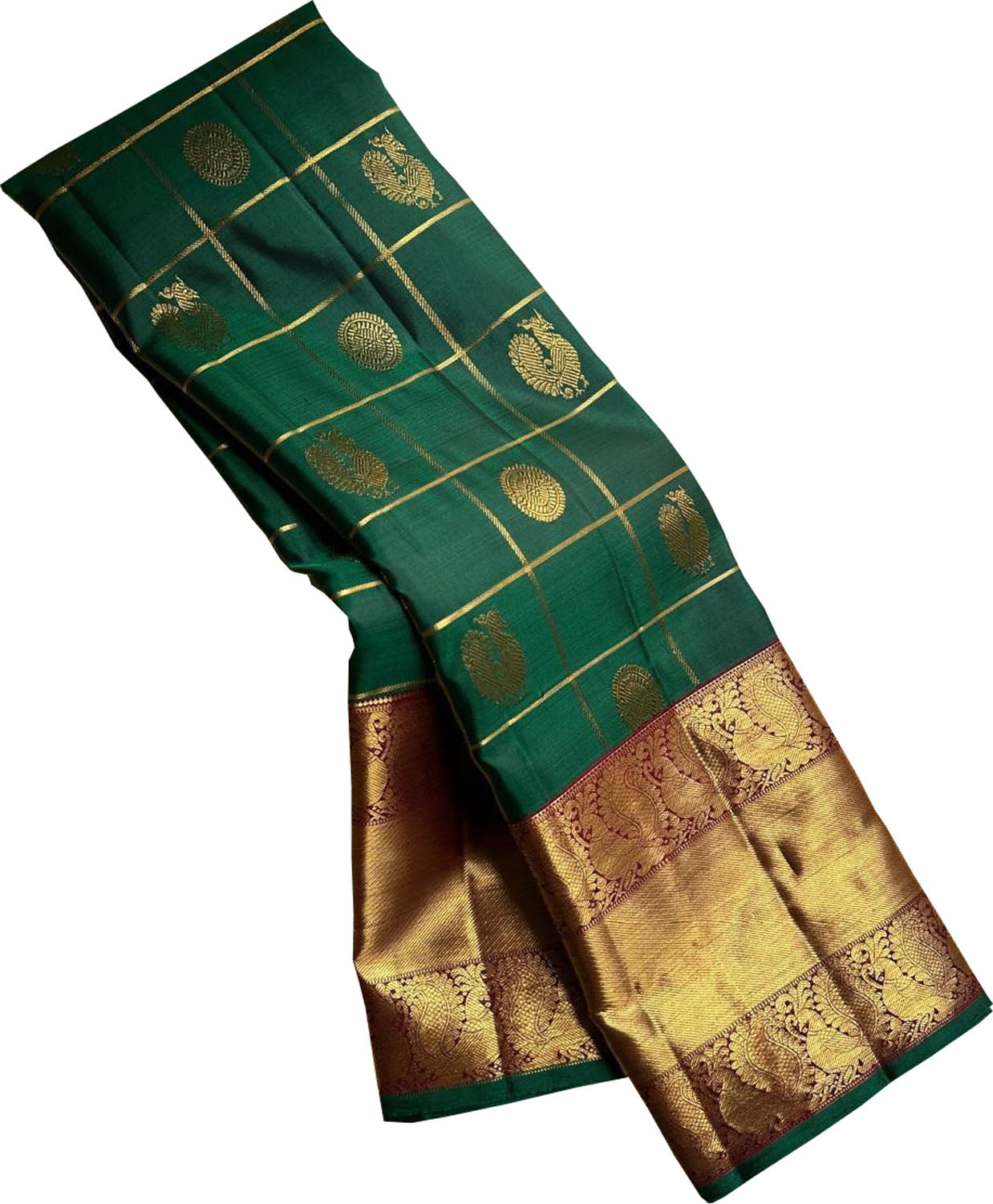 Green Handloom Kanjeevaram Pure Silk Checks Saree - Luxurion World