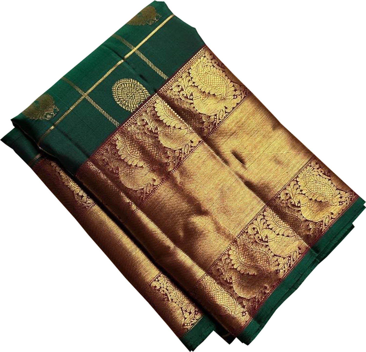 Green Handloom Kanjeevaram Pure Silk Checks Saree - Luxurion World