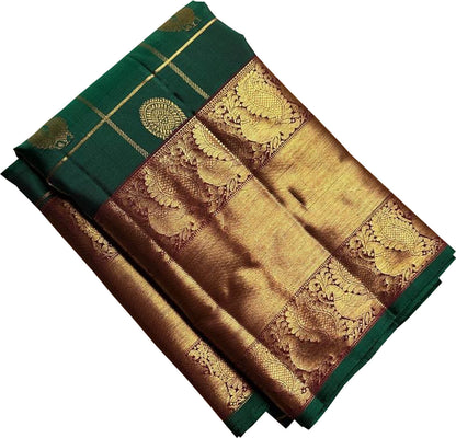 Green Handloom Kanjeevaram Pure Silk Checks Saree - Luxurion World