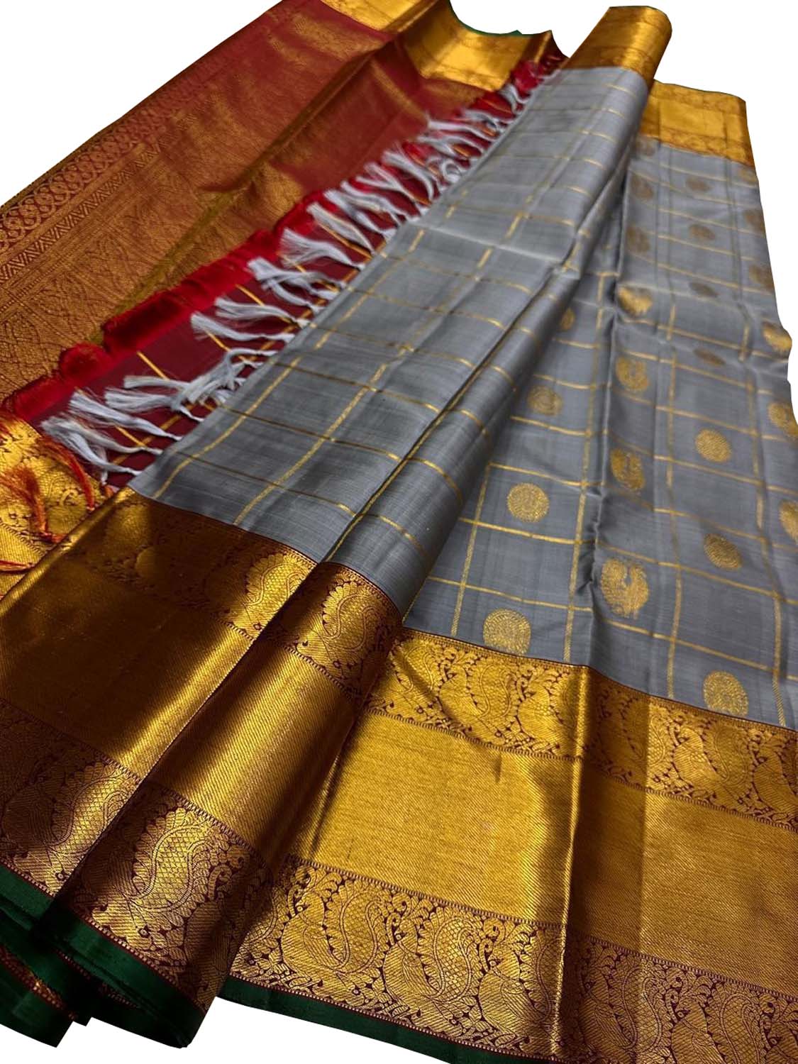 Elegant Grey Handloom Kanjeevaram Pure Silk Checks Saree - Luxurion World