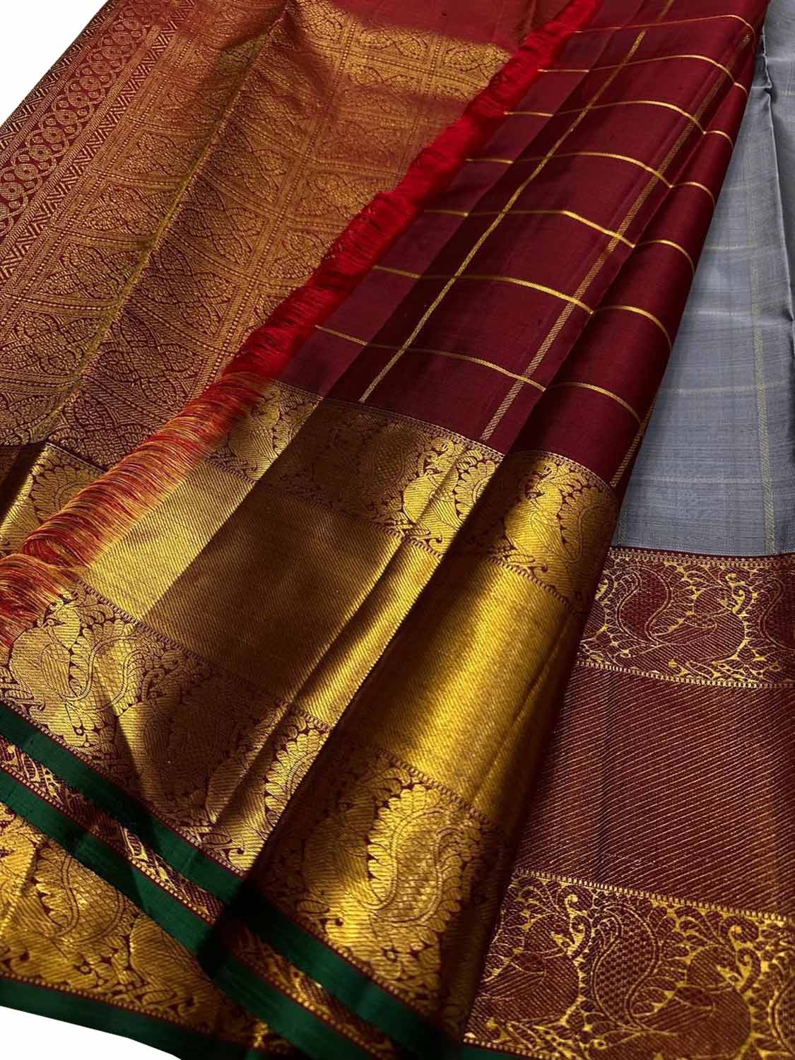 Elegant Grey Handloom Kanjeevaram Pure Silk Checks Saree - Luxurion World