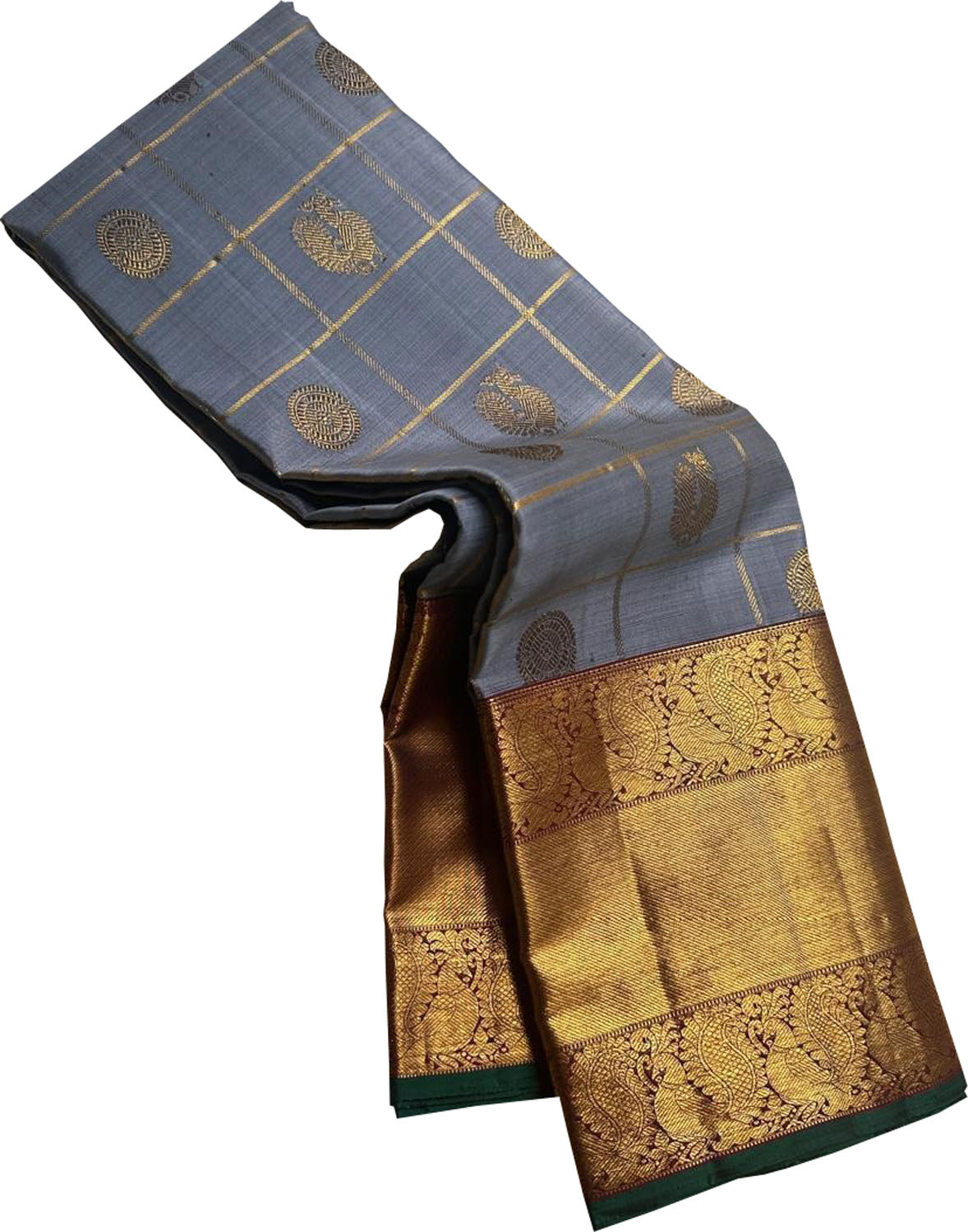 Elegant Grey Handloom Kanjeevaram Pure Silk Checks Saree - Luxurion World