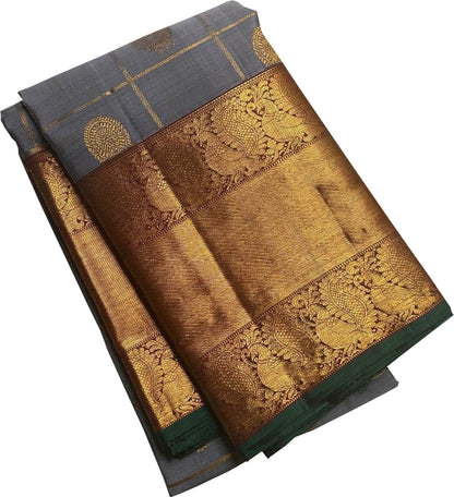 Elegant Grey Handloom Kanjeevaram Pure Silk Checks Saree - Luxurion World