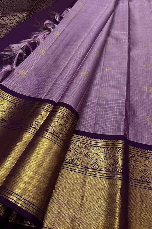 Stunning Purple Handloom Kanjeevaram Pure Silk Checks Saree - Luxurion World