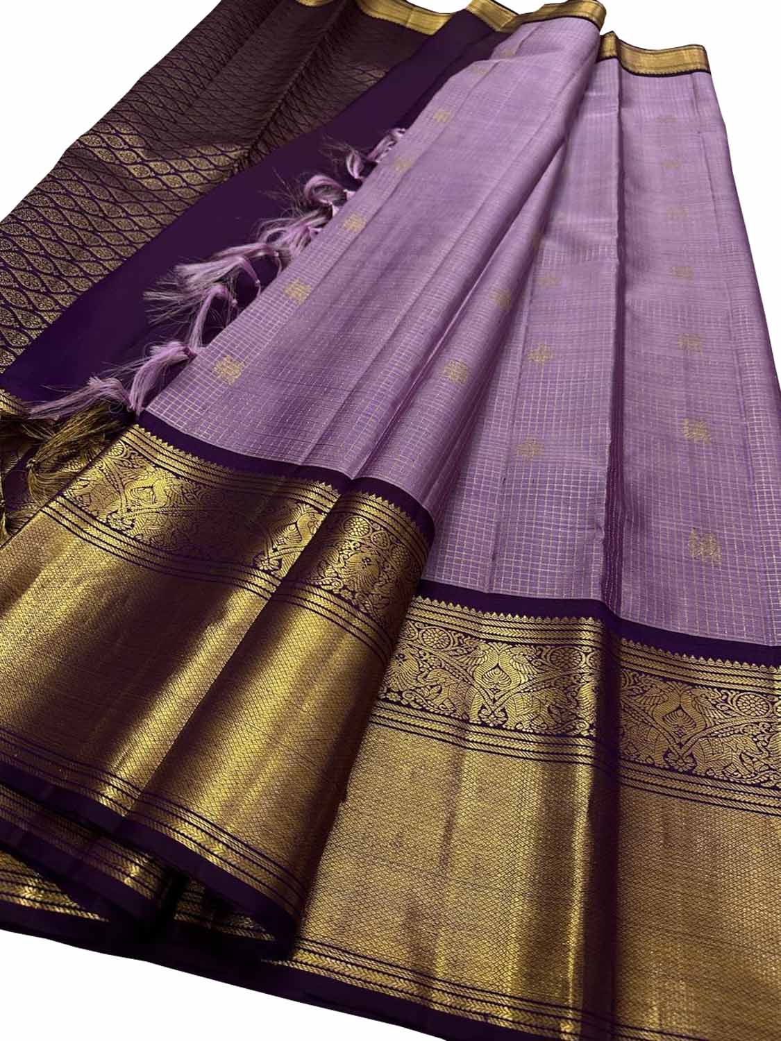 Stunning Purple Handloom Kanjeevaram Pure Silk Checks Saree - Luxurion World