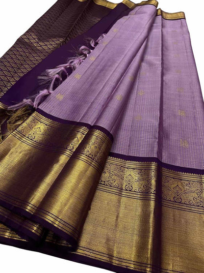Stunning Purple Handloom Kanjeevaram Pure Silk Checks Saree - Luxurion World