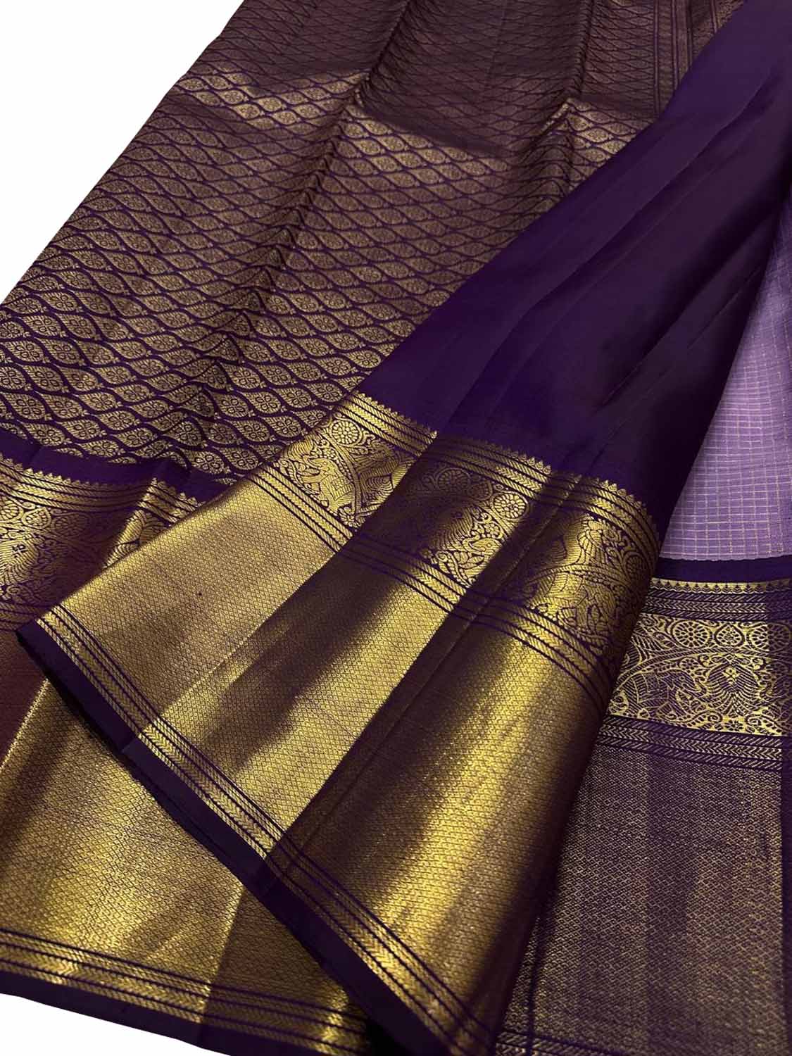 Stunning Purple Handloom Kanjeevaram Pure Silk Checks Saree - Luxurion World